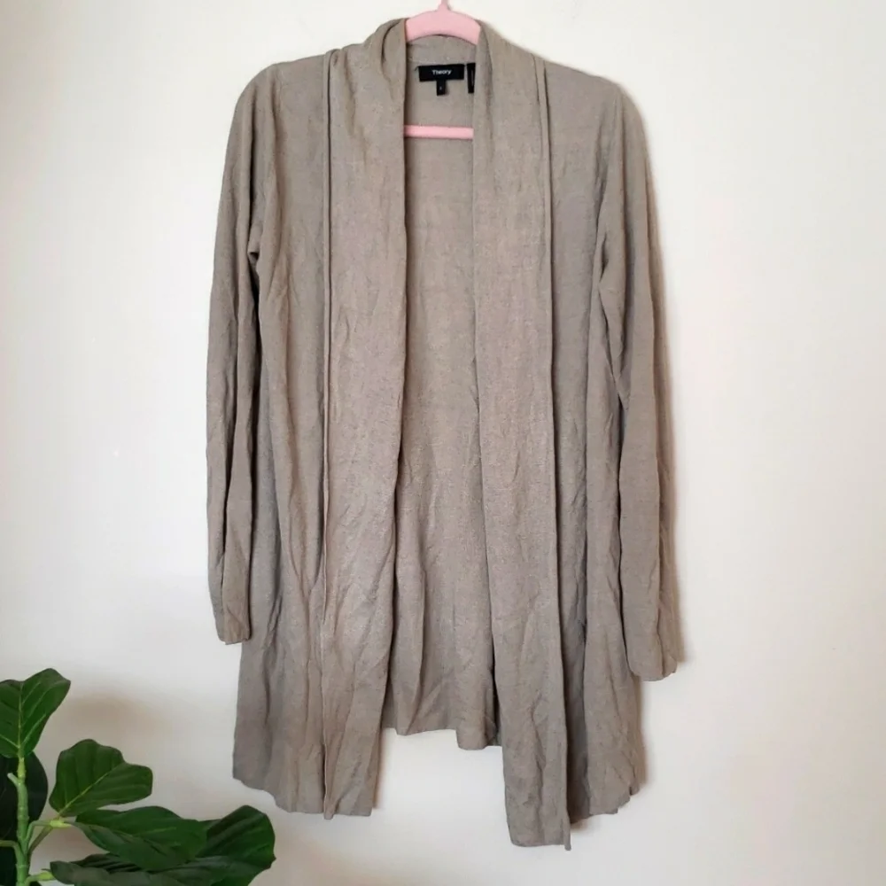 Theory linen blend long sleeve cardigan, neutral, women's size small.